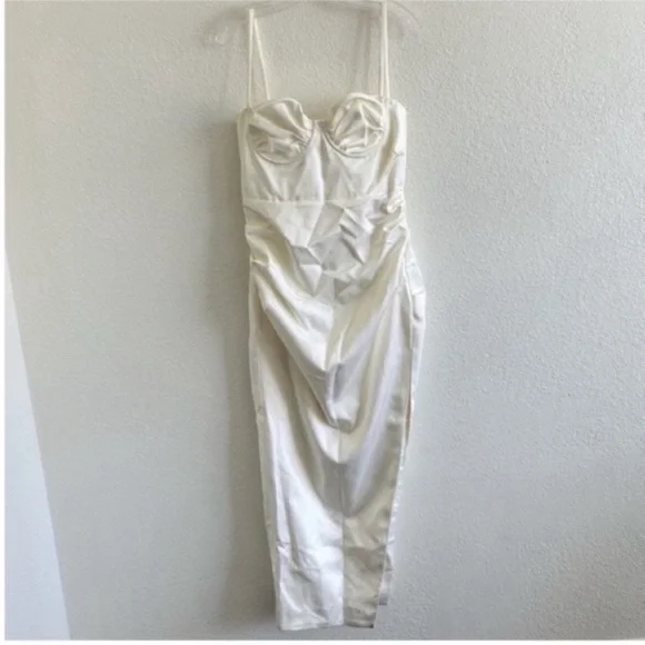 House Of CB Flora Satin Pleated Corset Midi Dress Ivory NWT - Picture 7 of 12